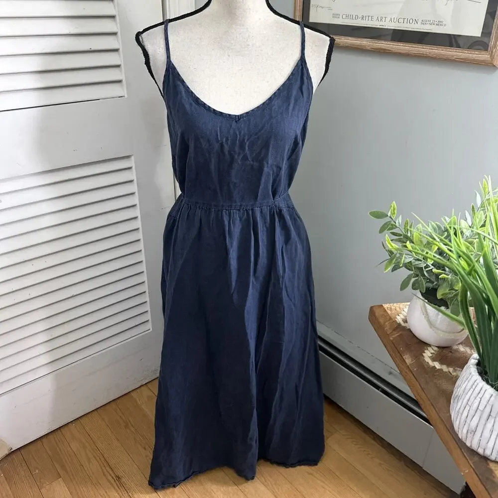 White Label The White Company Dress 8 Navy Blue Linen Midi Minimalist Clean  Girl